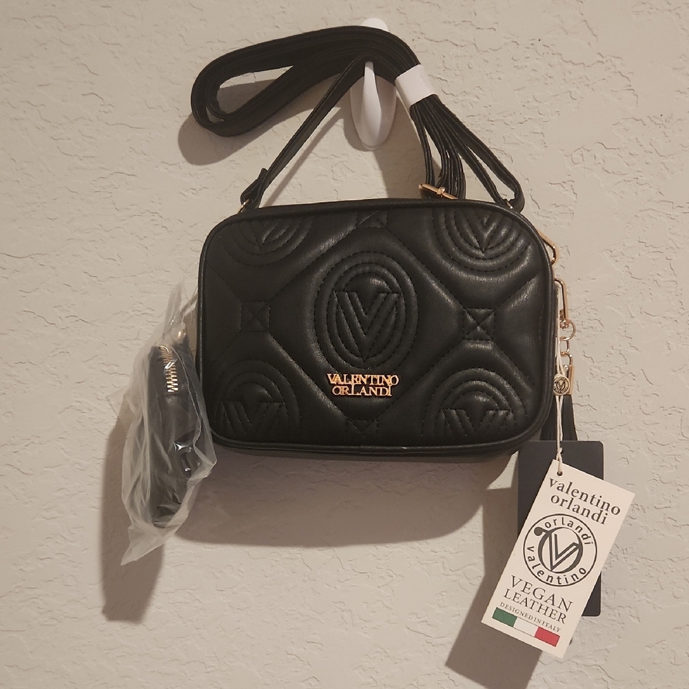 NWT Valentino Orlandi Black Quilted Crossbody Bag